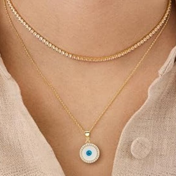 Neiman Marcus 14K Gold Plated Blue Evil Eye Mother of Pearl CZ Necklace - Picture 1 of 3